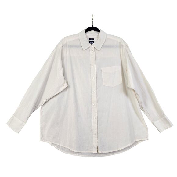 GAP Womens The Big Shirt Size Large Birch Beige Metallic Stripe Button Front - Picture 2 of 12